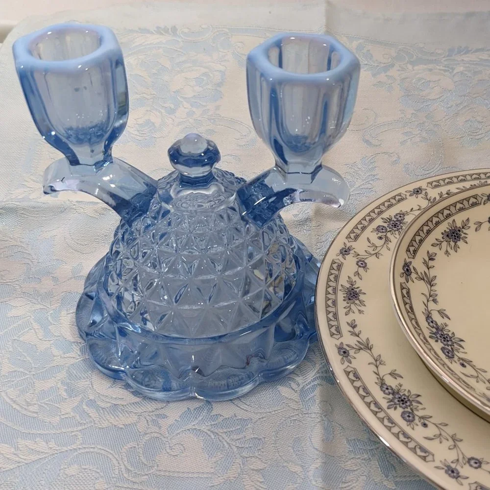 Pair of Vtg Depression Candle Holders Imperial Glass Katy Blu Lace Edge - Picture 2 of 9